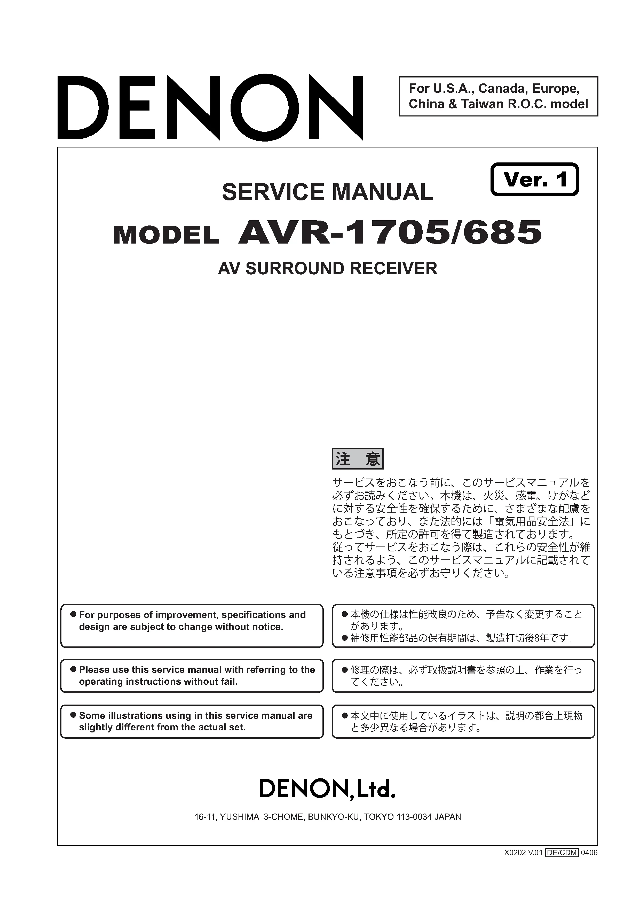Denon avr 1705 685 service manual cover with photo of the receiver, model type and code, manual contents.