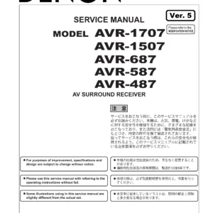 Denon avr 1707 1507 service manual cover with photo of the receiver, model type and code, manual contents.