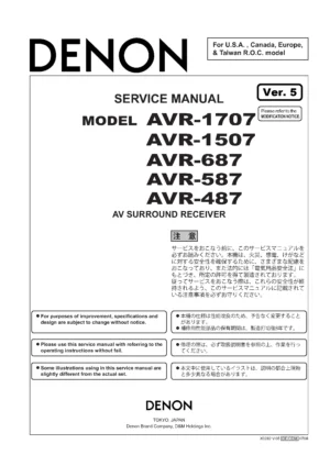Denon avr 1707 1507 service manual cover with photo of the receiver, model type and code, manual contents.
