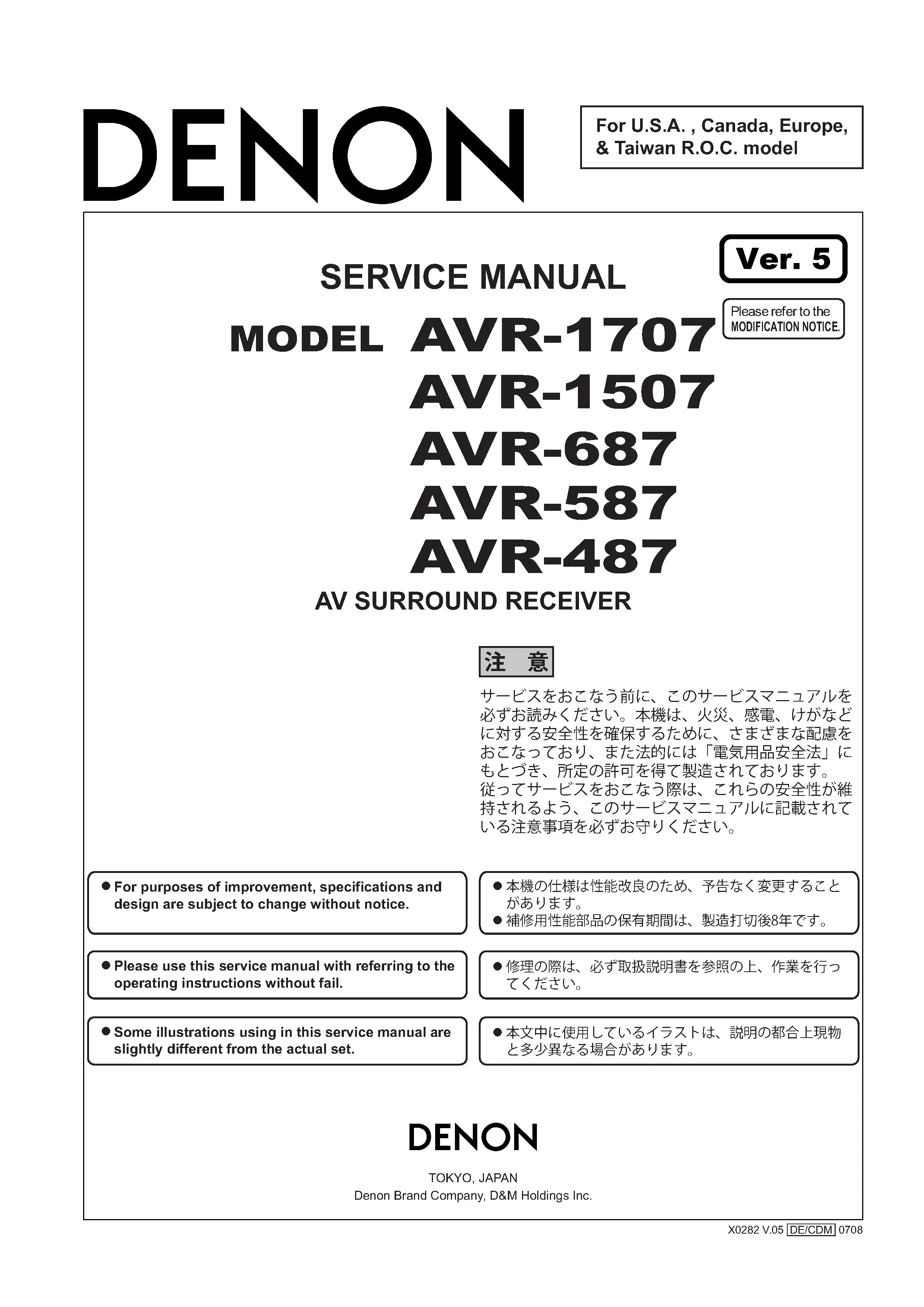 Denon avr 1707 1507 service manual cover with photo of the receiver, model type and code, manual contents.