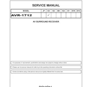 Denon avr 1712 service manual cover with photo of the receiver, model type and code, manual contents.