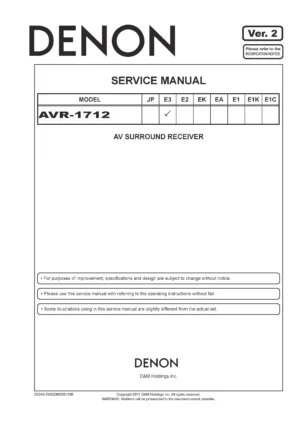 Denon avr 1712 service manual cover with photo of the receiver, model type and code, manual contents.