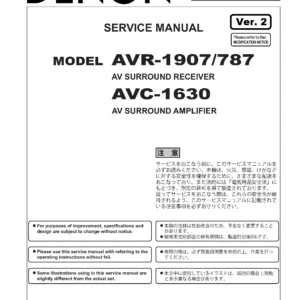 Denon avr 1907 787 avc 1630 service manual cover with photo of the receiver, model type and code, manual contents.
