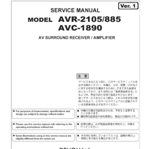 Denon avr 2105 885 avc 1809 service manual cover with photo of the receiver, model type and code, manual contents.