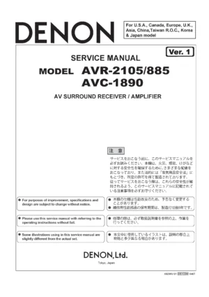Denon avr 2105 885 avc 1809 service manual cover with photo of the receiver, model type and code, manual contents.