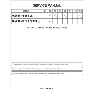 Denon avr 2112ci 1912 service manual cover with photo of the receiver, model type and code, manual contents.