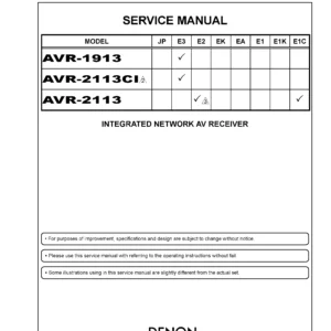 Denon avr 2113ci 1913 service manual cover with photo of the receiver, model type and code, manual contents.