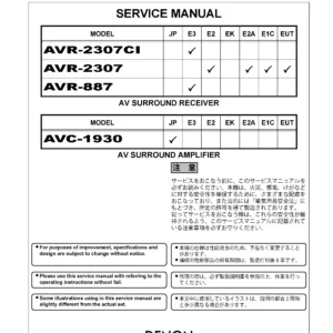 Denon avr 2307ci 2307 887 service manual cover with photo of the receiver, model type and code, manual contents.