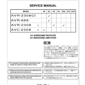 Denon avr 2308ci 2308 avc 2308 service manual cover with photo of the receiver, model type and code, manual contents.