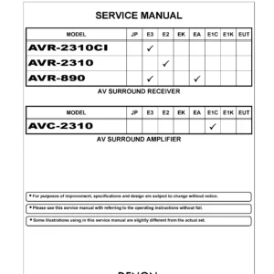 Denon avr 2310ci 2310 890 avc 2310 service manual cover with photo of the receiver, model type and code, manual contents.