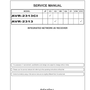 Denon avr 2313ci 2313 service manual cover with photo of the receiver, model type and code, manual contents.