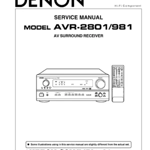 Denon avr 2801 981 service manual cover with photo of the receiver, model type and code, manual contents.