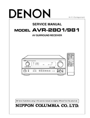 Denon avr 2801 981 service manual cover with photo of the receiver, model type and code, manual contents.