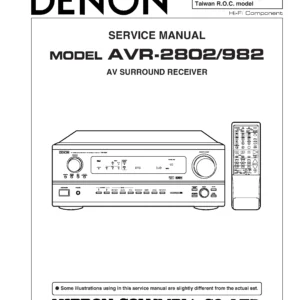 Denon avr 2802 982 service manual cover with photo of the receiver, model type and code, manual contents.