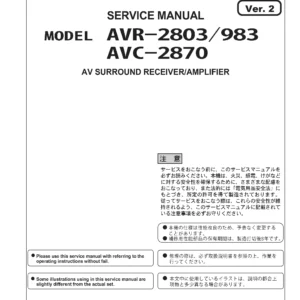 Denon avr 2803 983 avc 2870 service manual cover with photo of the receiver, model type and code, manual contents.