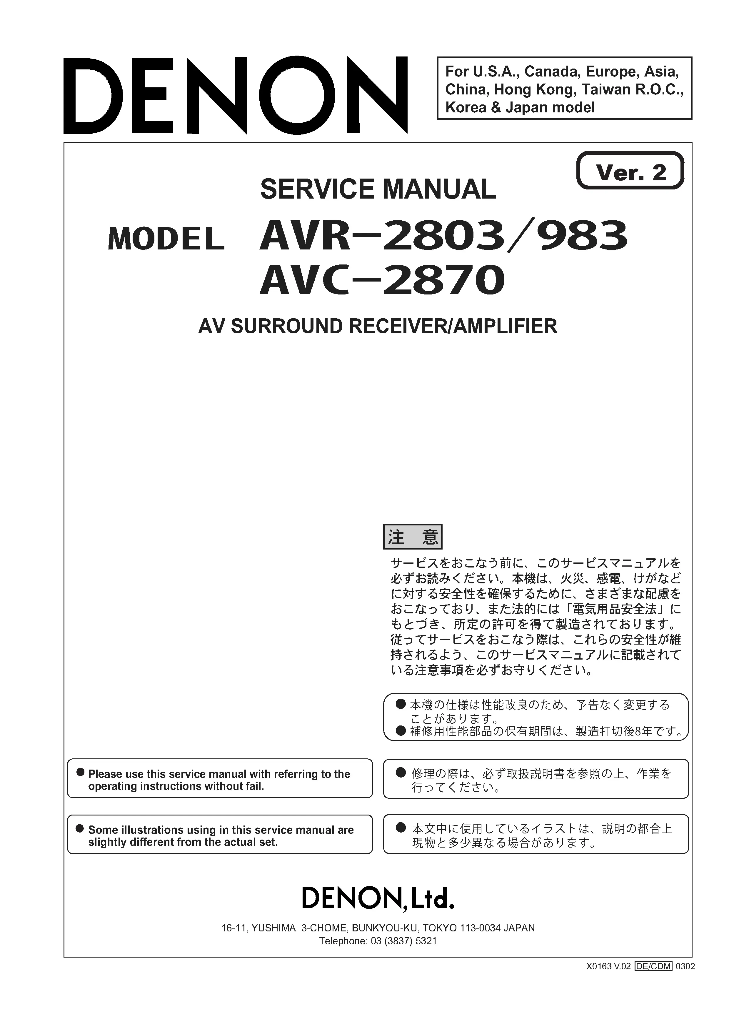 Denon avr 2803 983 avc 2870 service manual cover with photo of the receiver, model type and code, manual contents.