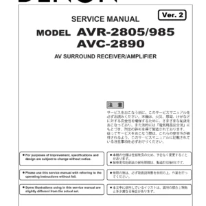 Denon avr 2805 985 avc 2890 service manual cover with photo of the receiver, model type and code, manual contents.