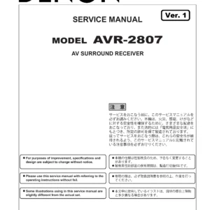 Denon avr 2807 service manual cover with photo of the receiver, model type and code, manual contents.