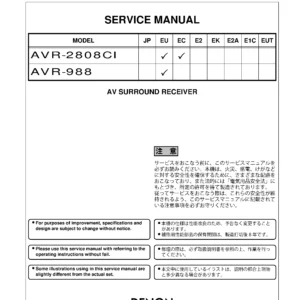 Denon avr 2808ci 988 service manual cover with photo of the receiver, model type and code, manual contents.