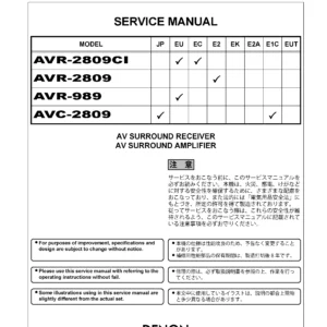 Denon avr 2809ci 2809 service manual cover with photo of the receiver, model type and code, manual contents.