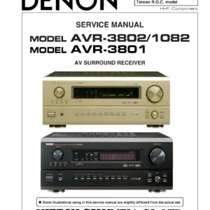 Denon avr 3802 3801 1082 service manual cover with photo of the receiver, model type and code, manual contents.