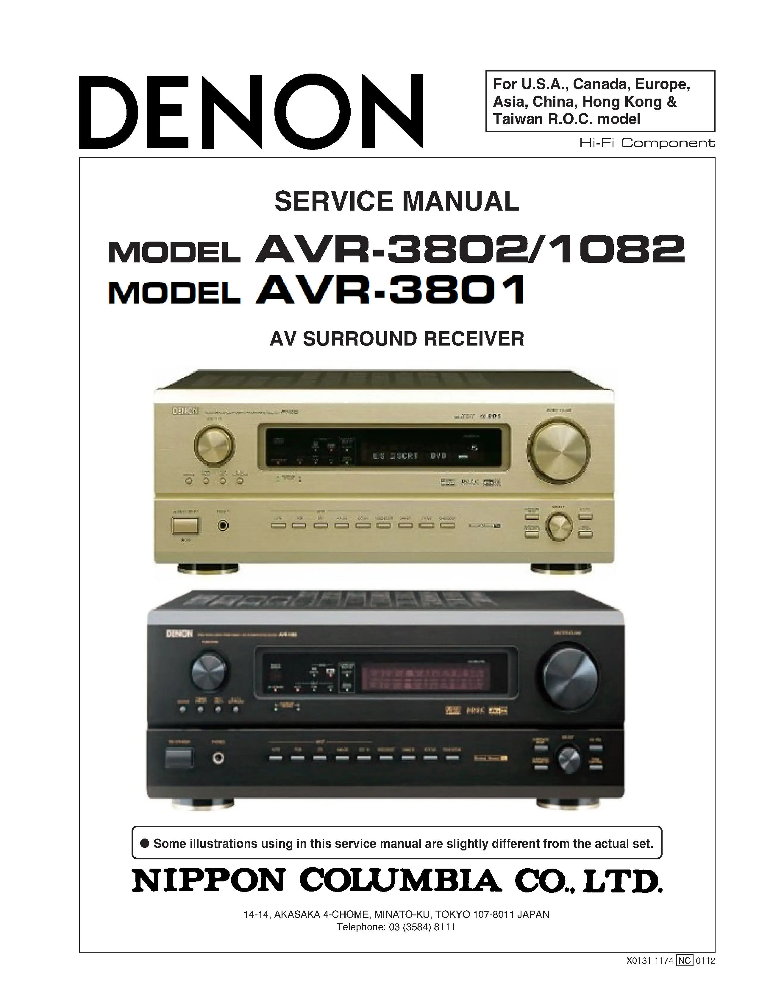 Denon avr 3802 3801 1082 service manual cover with photo of the receiver, model type and code, manual contents.