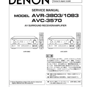 Denon avr 3803 1083 avc 3570 service manual cover with photo of the receiver, model type and code, manual contents.