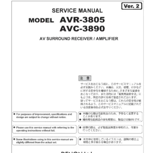 Denon avr 3805 3890 service manual cover with photo of the receiver, model type and code, manual contents.