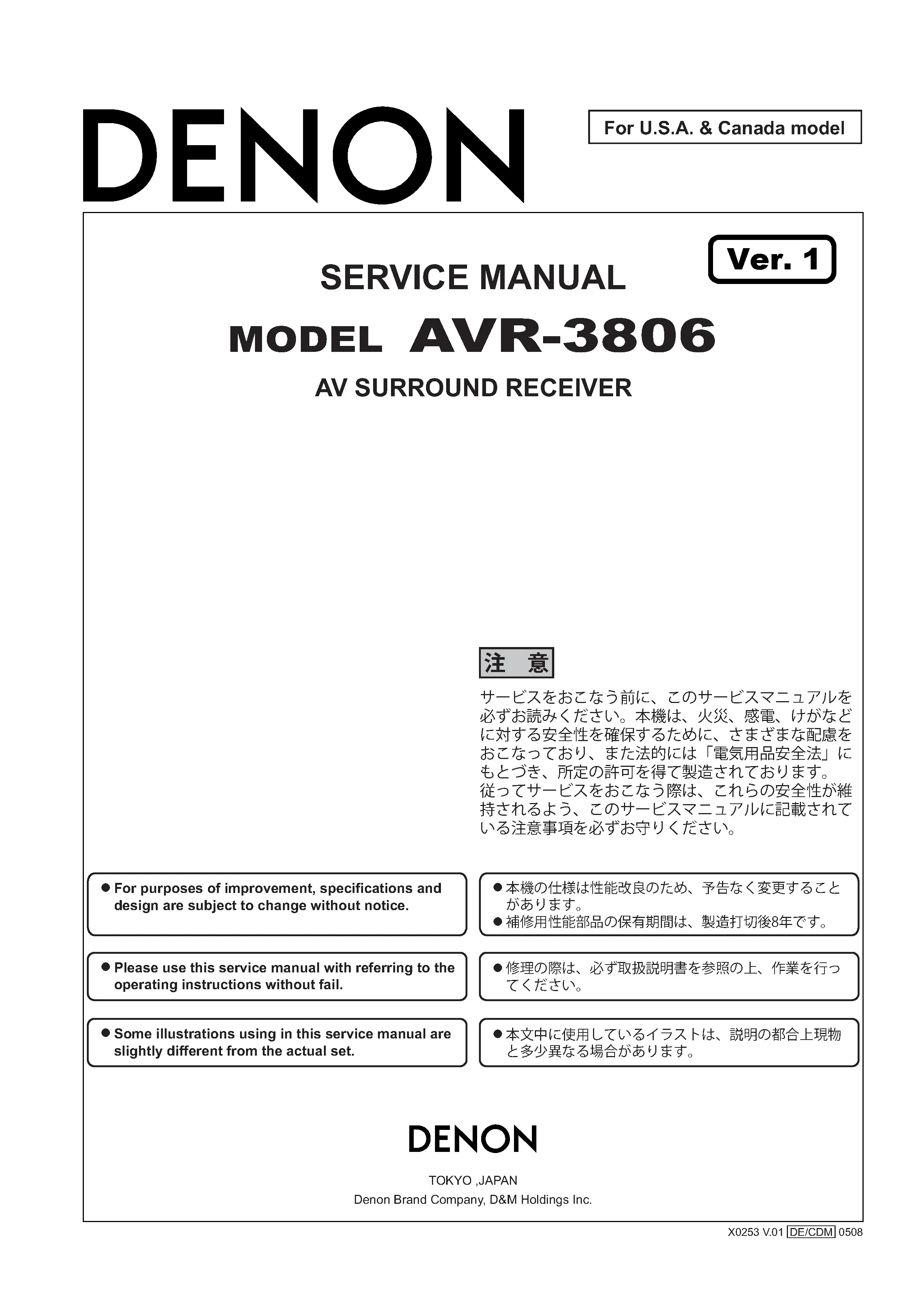 Denon avr 3806 service manual cover with photo of the receiver, model type and code, manual contents.