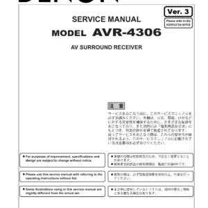Denon avr 4306 service manual cover with photo of the receiver, model type and code, manual contents.
