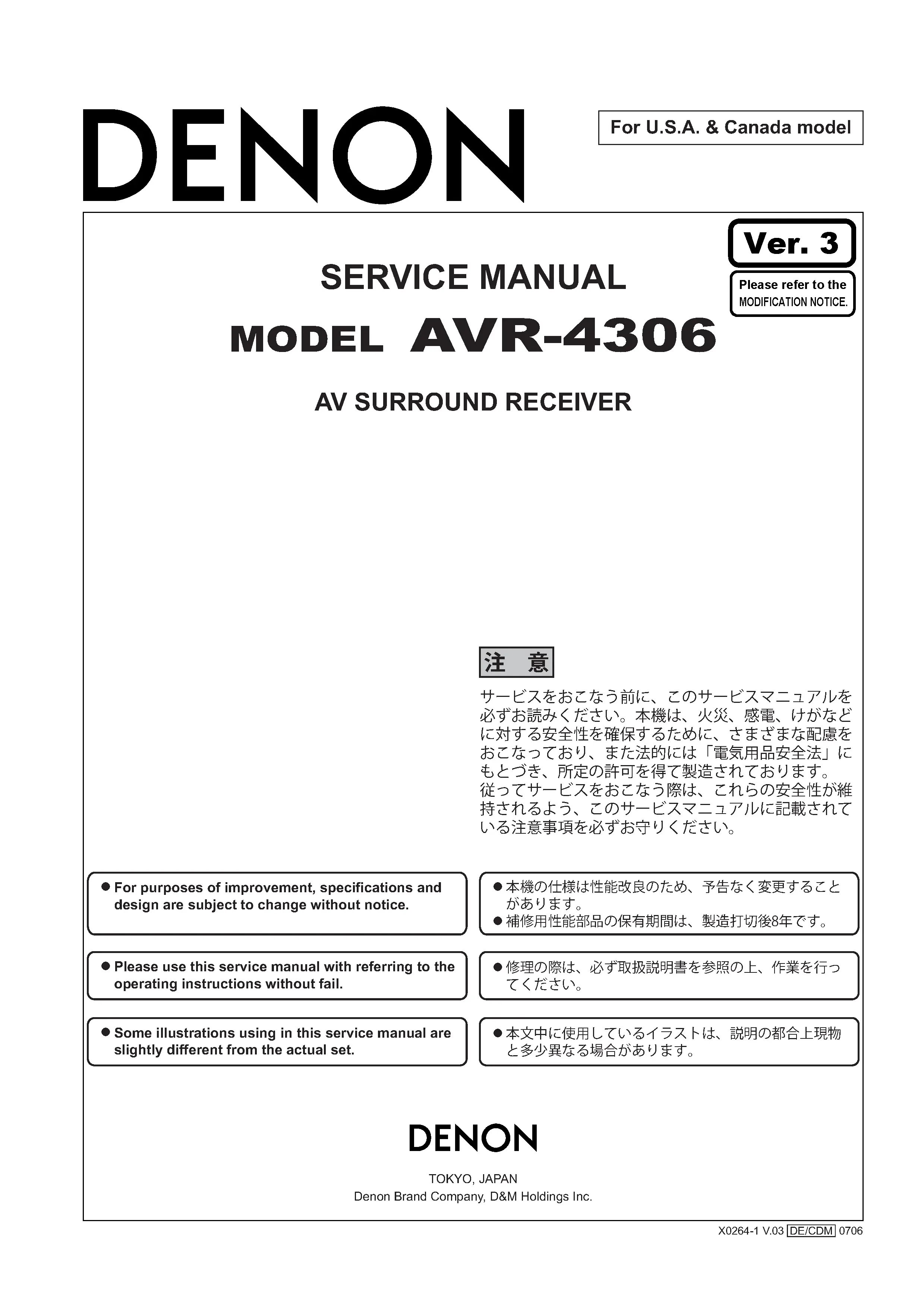 Denon avr 4306 service manual cover with photo of the receiver, model type and code, manual contents.