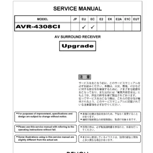 Denon avr 4308ci service manual cover with photo of the receiver, model type and code, manual contents.