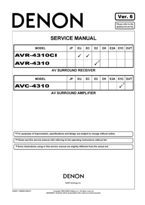 Denon avr 4310ci 4310 service manual cover with photo of the receiver, model type and code, manual contents.
