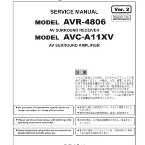 Denon avr 4806 avc a11xv service manual cover with photo of the receiver, model type and code, manual contents.