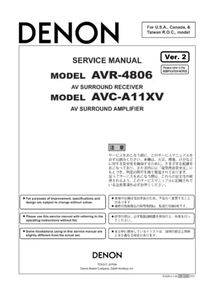 Denon avr 4806 avc a11xv service manual cover with photo of the receiver, model type and code, manual contents.