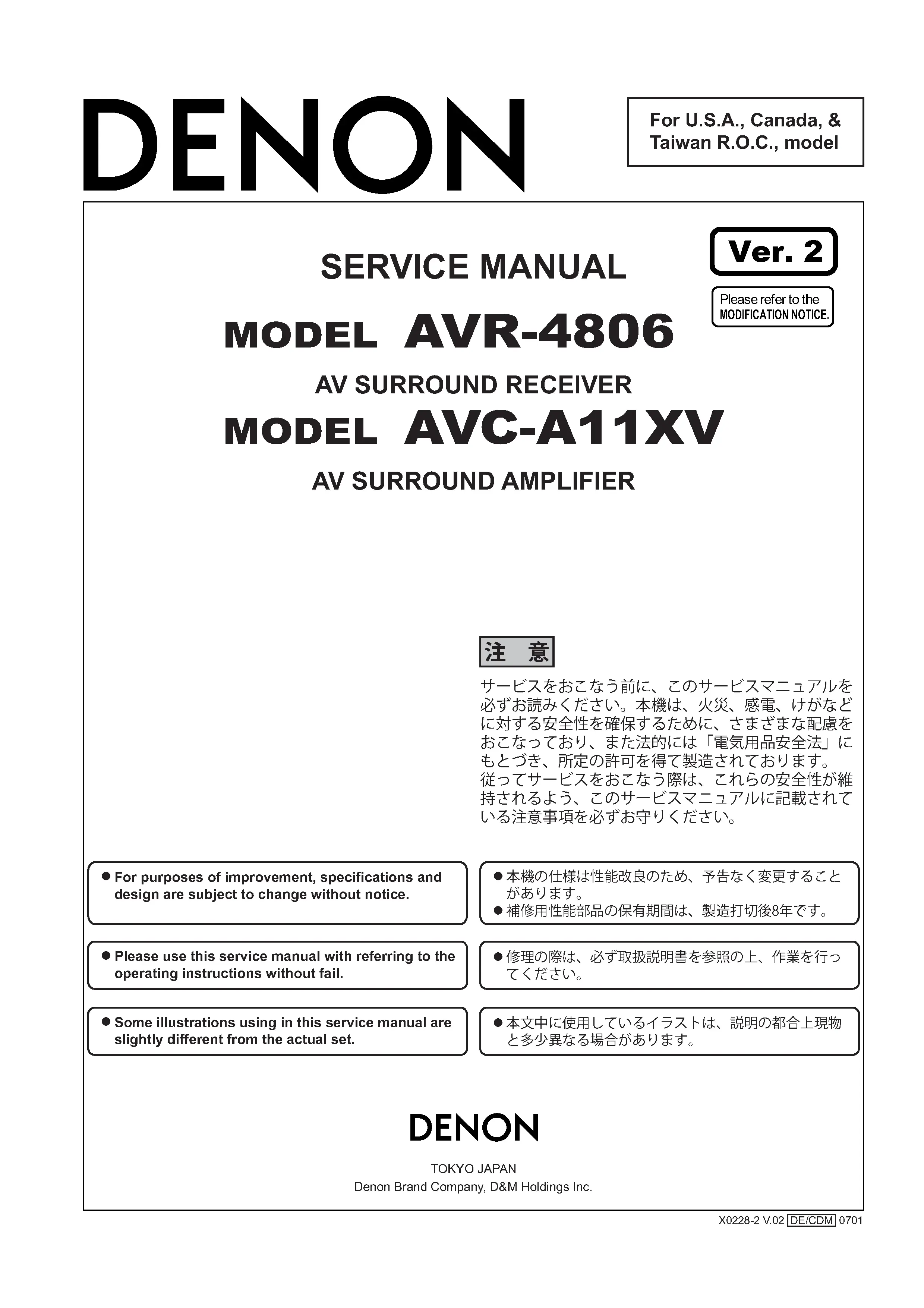 Denon avr 4806 avc a11xv service manual cover with photo of the receiver, model type and code, manual contents.