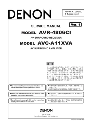 Denon avr 4806ci avc a11xva service manual cover with photo of the receiver, model type and code, manual contents.