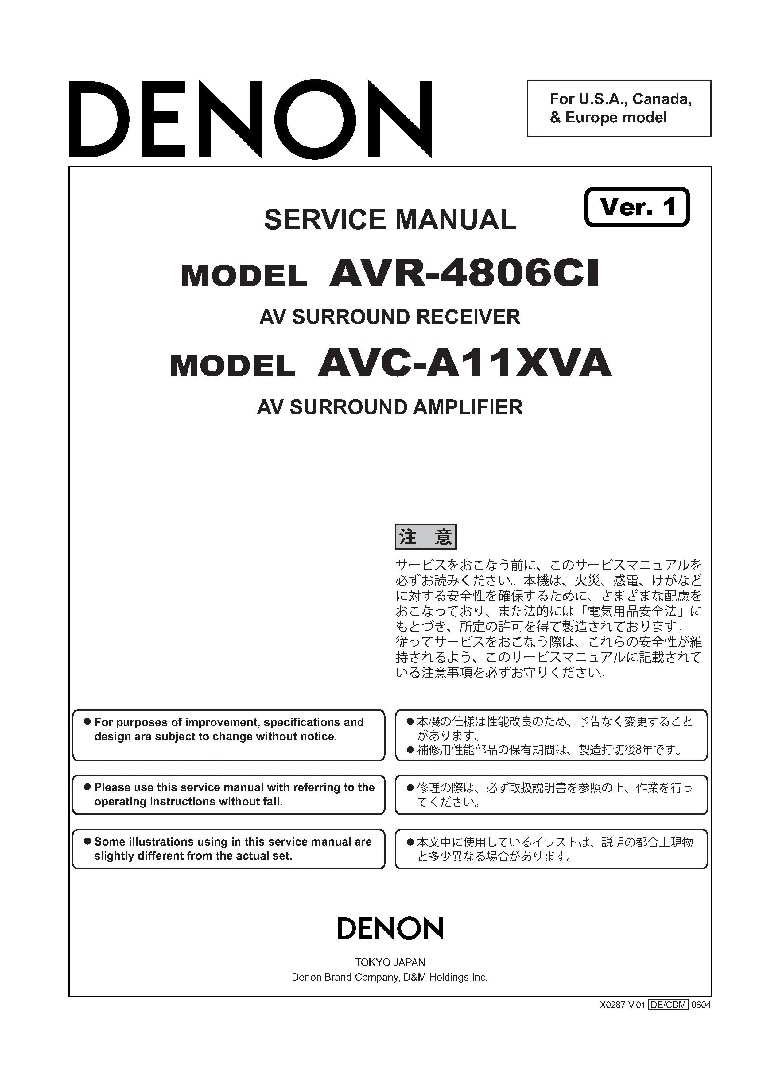 Denon avr 4806ci avc a11xva service manual cover with photo of the receiver, model type and code, manual contents.