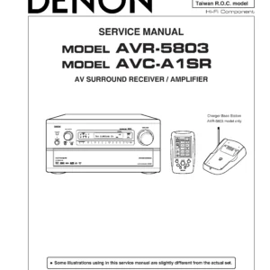Denon avr 5803 avc a1sr service manual cover with photo of the receiver, model type and code, manual contents.