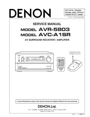 Denon avr 5803 avc a1sr service manual cover with photo of the receiver, model type and code, manual contents.
