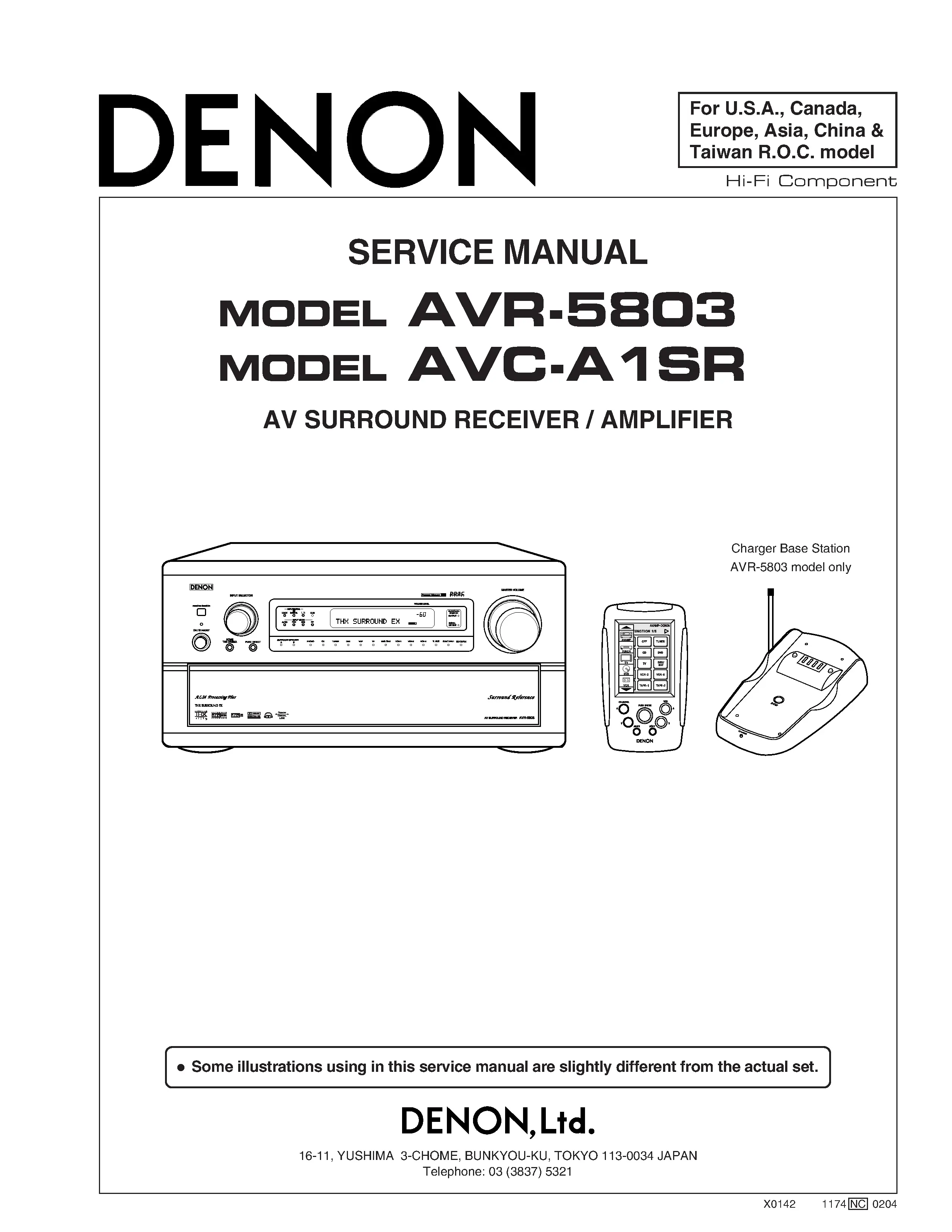 Denon avr 5803 avc a1sr service manual cover with photo of the receiver, model type and code, manual contents.