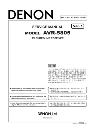 Denon avr 5805ci 5805 service manual cover with photo of the receiver, model type and code, manual contents.