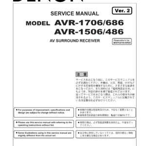 Denon avr 686 486 1706 1506 service manual cover with photo of the receiver, model type and code, manual contents.