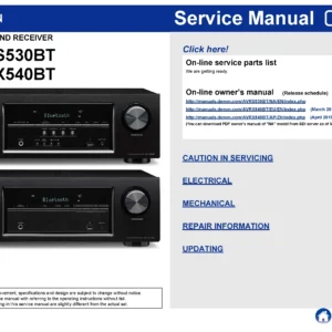 Denon avr s530bt x540bt service manual cover with photo of the receiver, model type and code, manual contents.