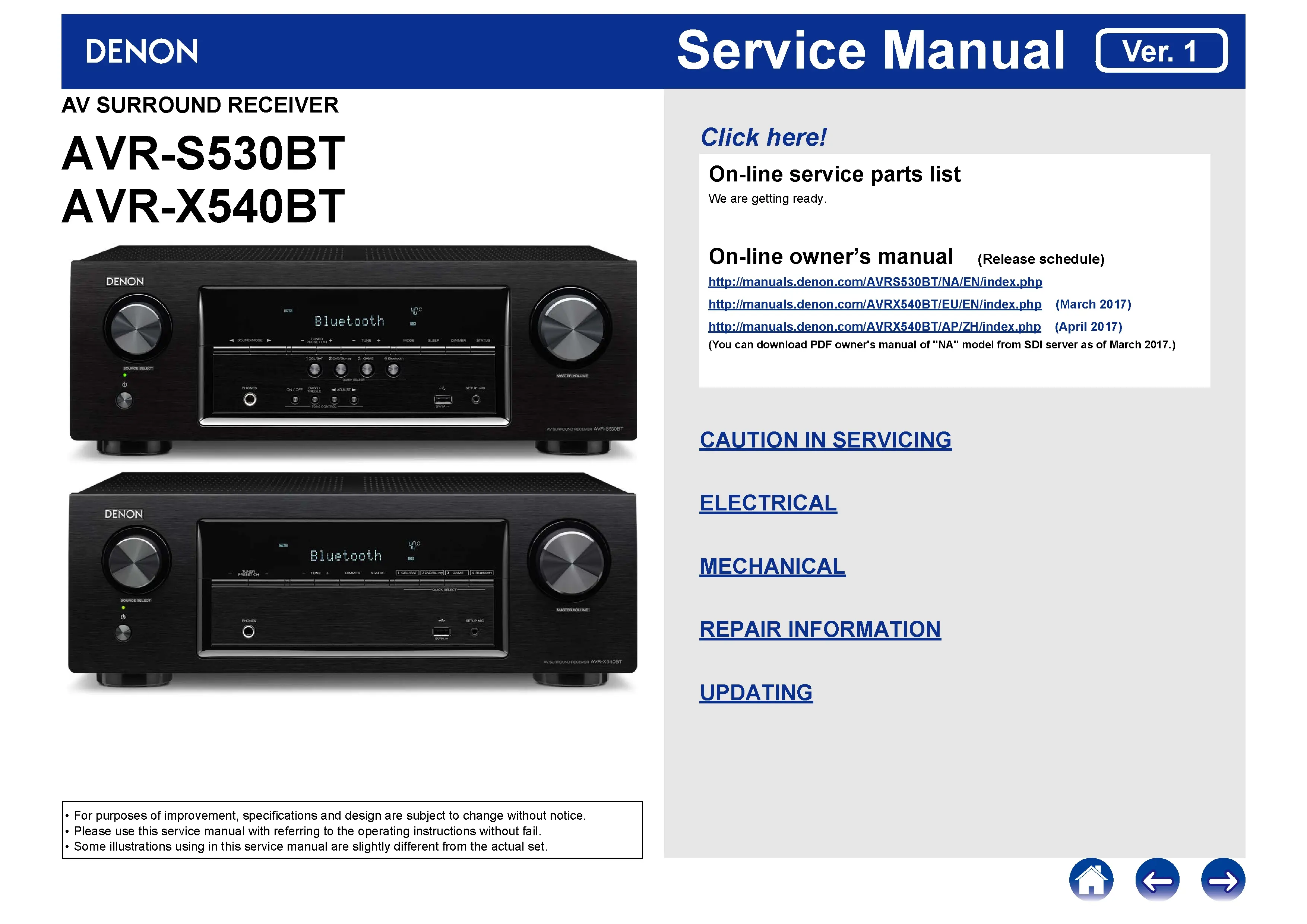 Denon avr s530bt x540bt service manual cover with photo of the receiver, model type and code, manual contents.