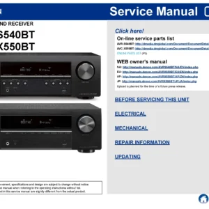 Denon avr s540bt x550bt service manual cover with photo of the receiver, model type and code, manual contents.