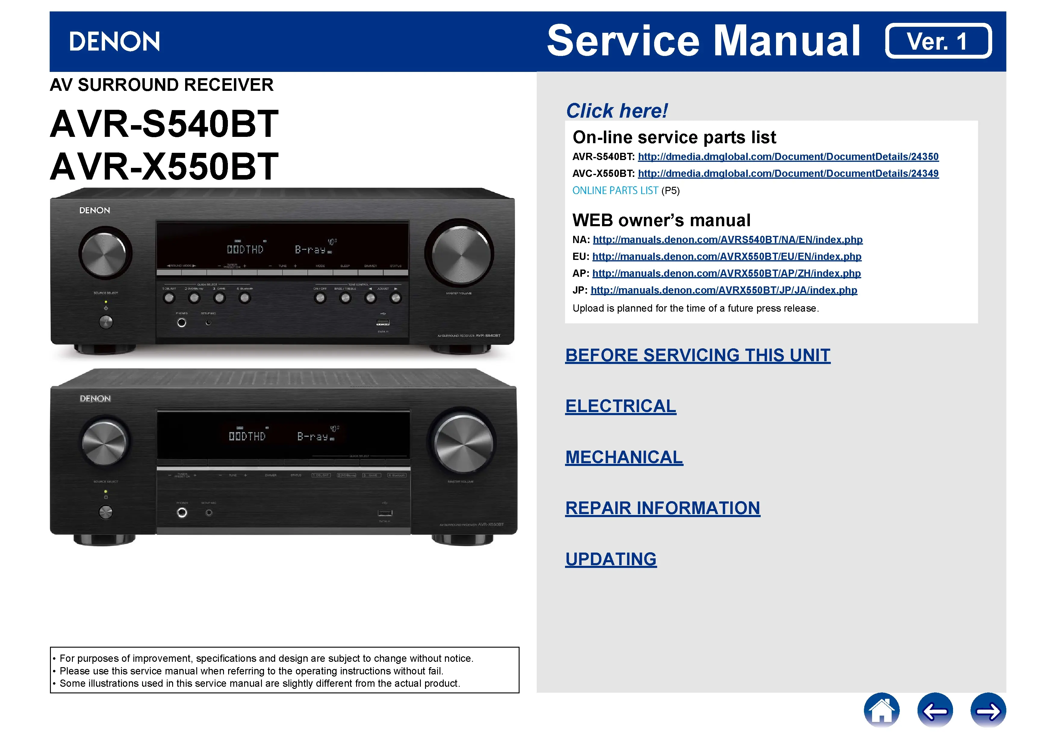 Denon avr s540bt x550bt service manual cover with photo of the receiver, model type and code, manual contents.