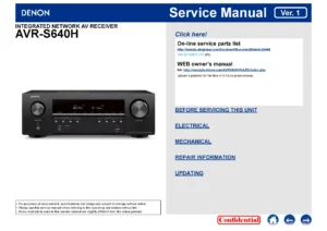 Denon avr s640h service manual cover with photo of the receiver, model type and code, manual contents.