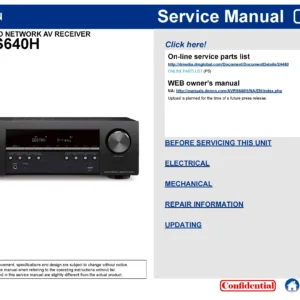Denon avr s640h service manual cover with photo of the receiver, model type and code, manual contents.