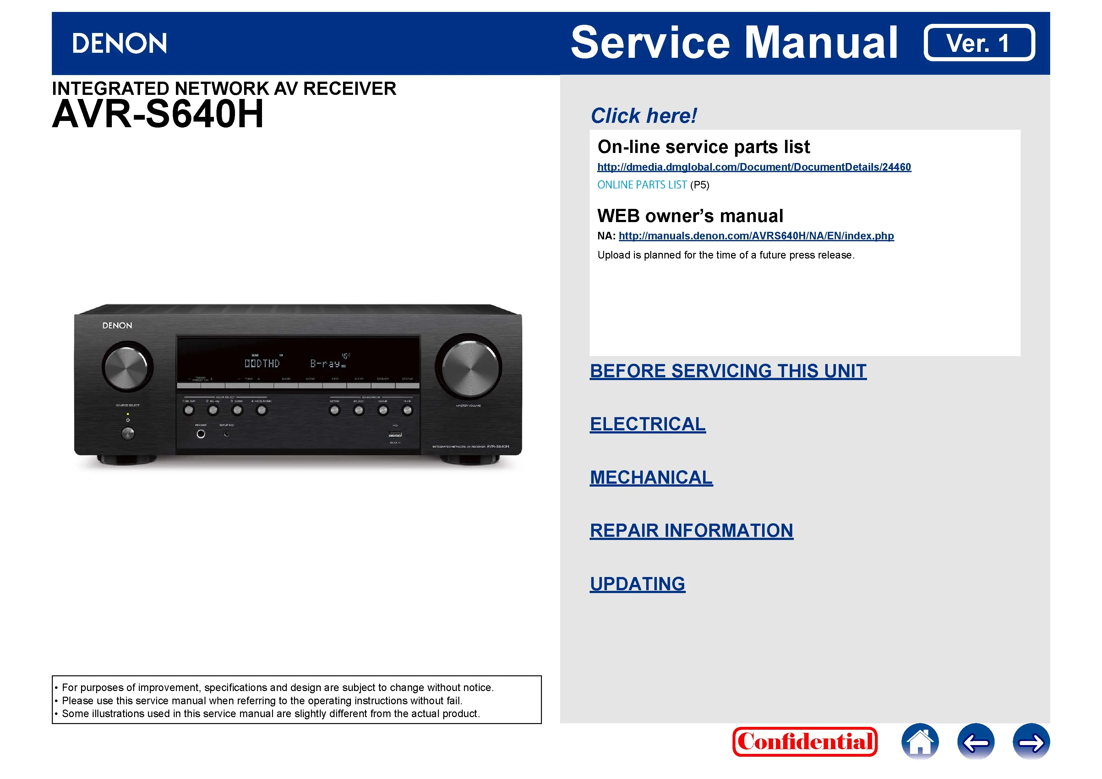 Denon avr s640h service manual cover with photo of the receiver, model type and code, manual contents.